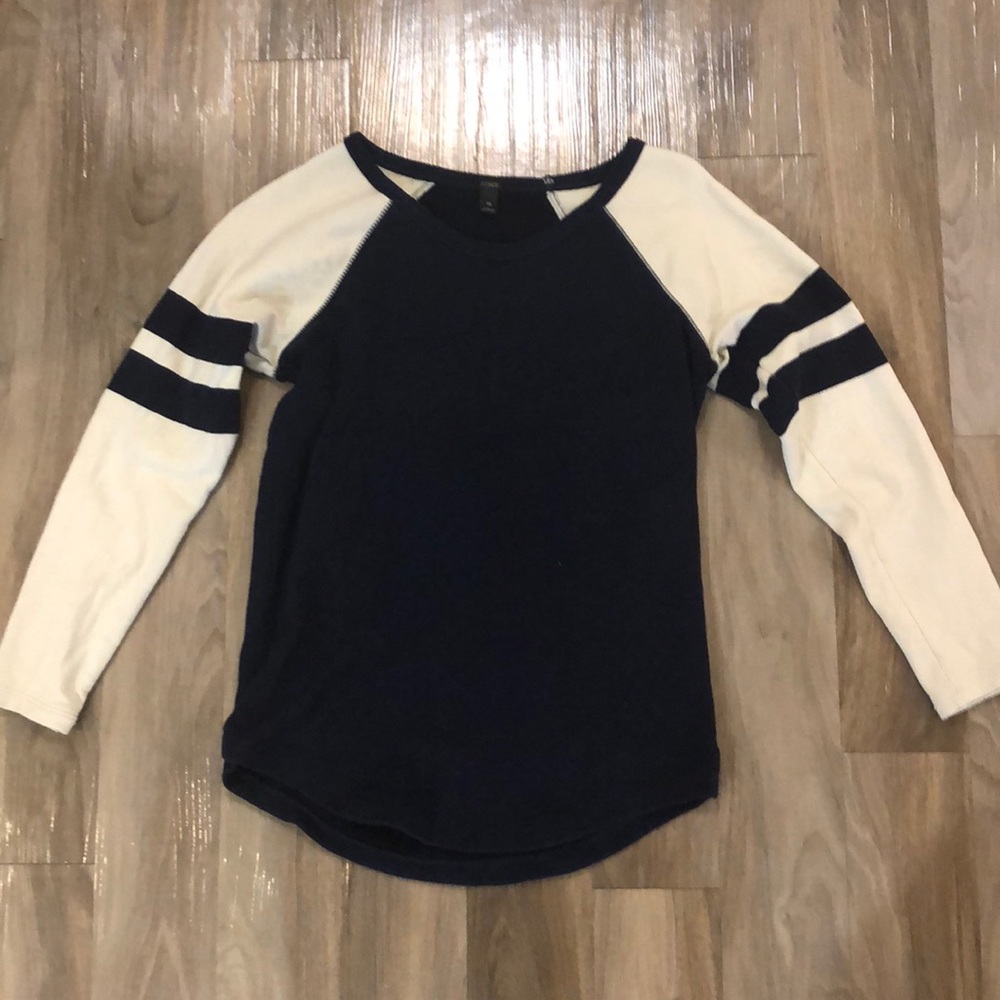 Navy and light tan women’s sweatshirt from JCrew